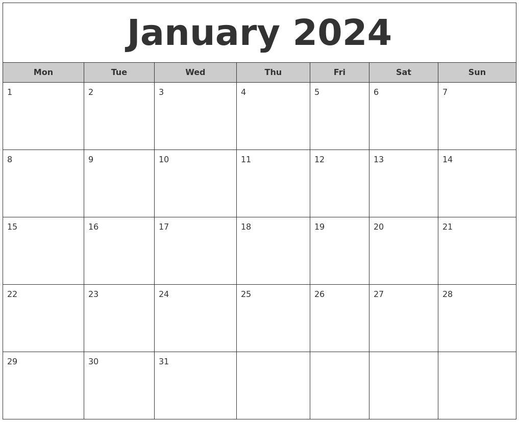 January 2024 Free Monthly Calendar