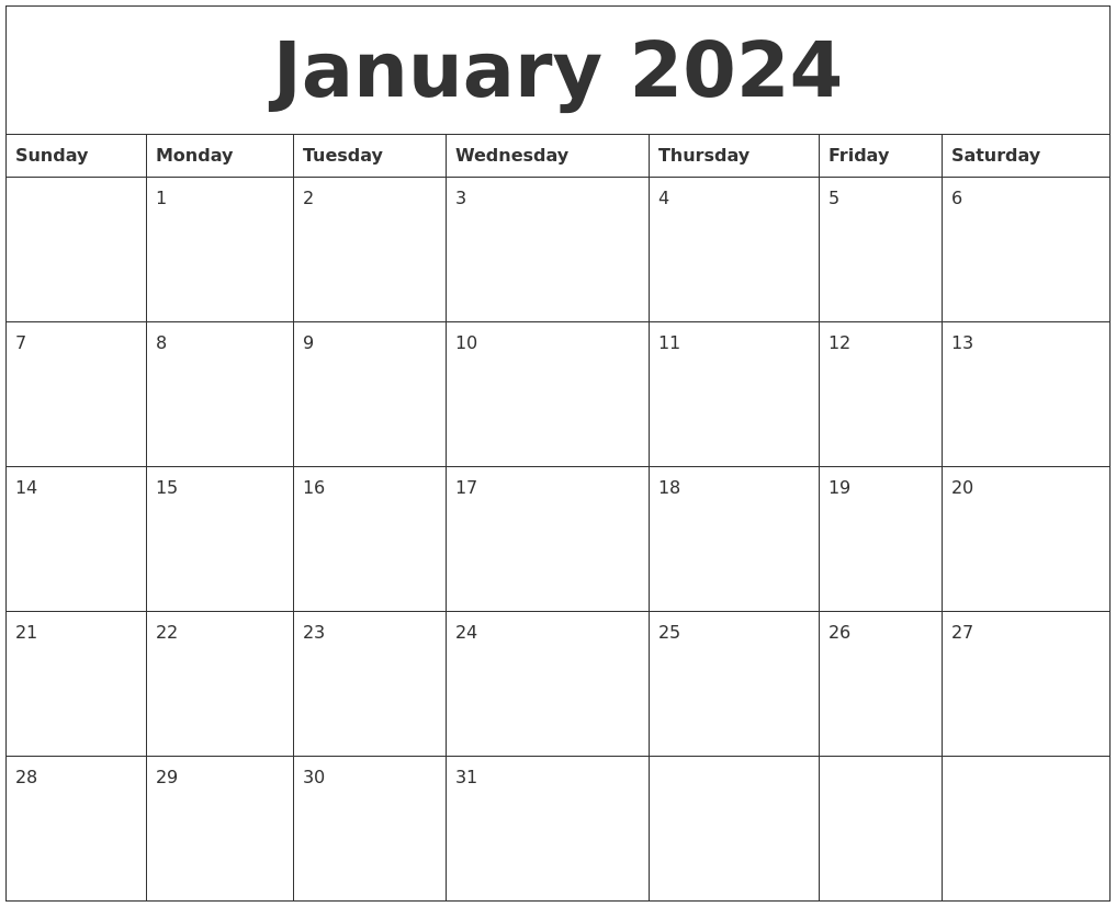 January 2024 Free Printable Monthly Calendar