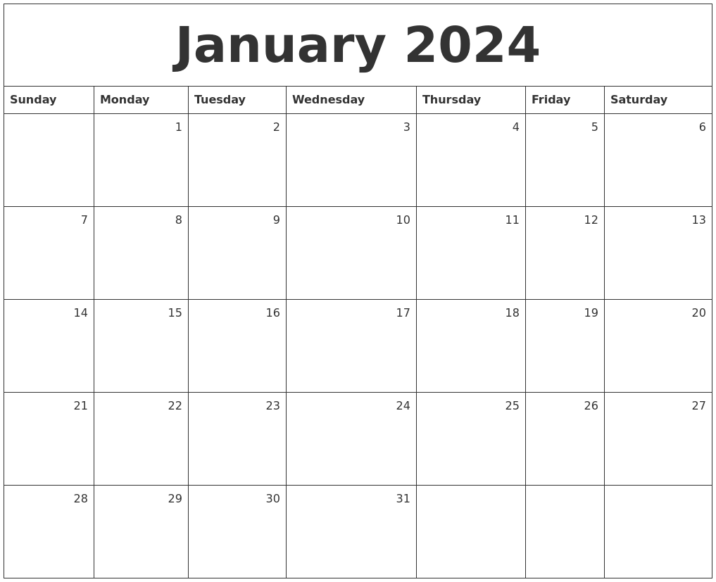 January 2024 Monthly Calendar