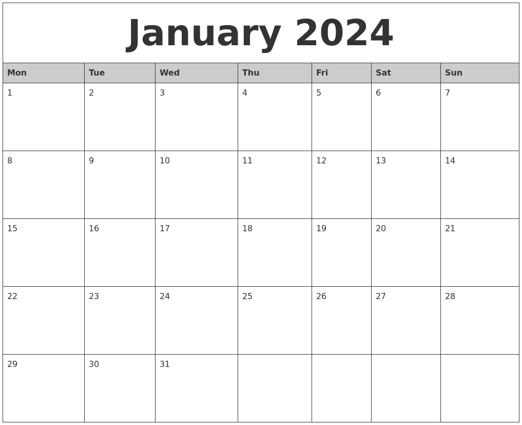 January 2024 Monthly Calendar Printable