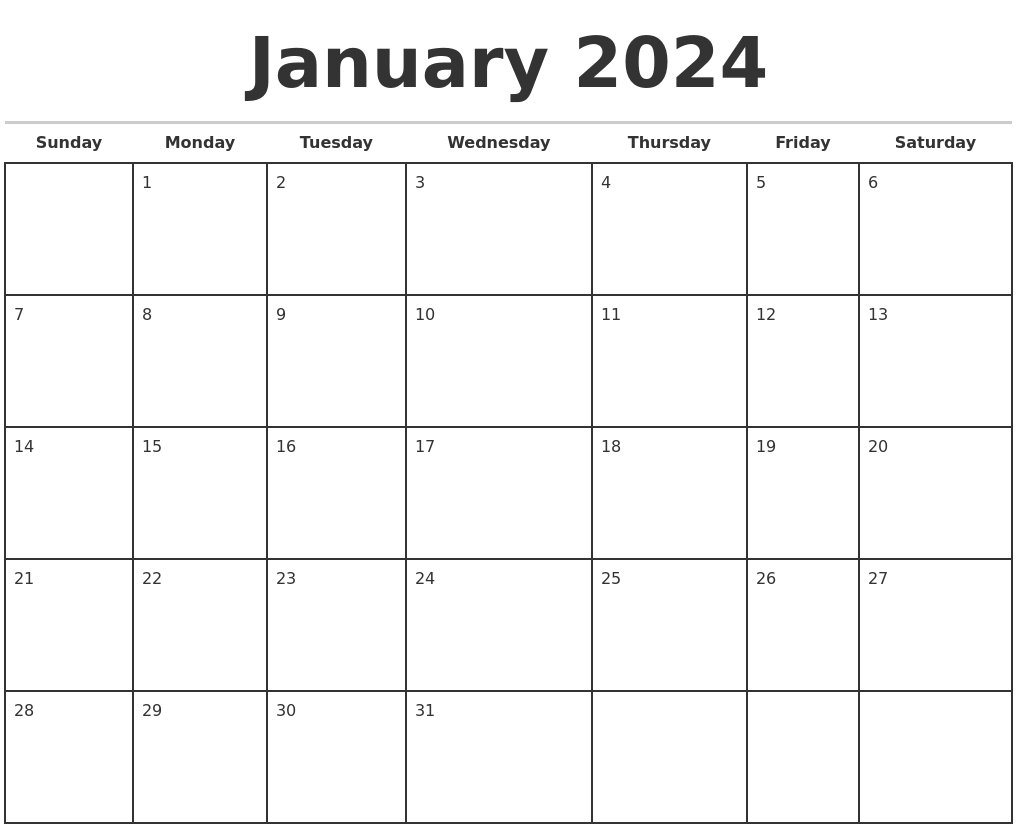 January 2024 Monthly Calendar Template