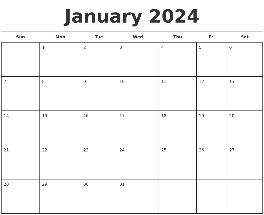 January 2024 Monthly Calendar Template