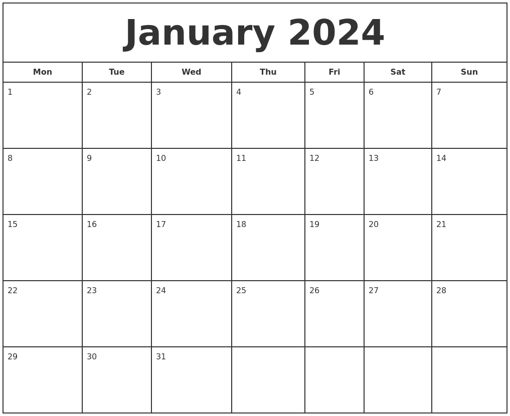 January 2024 Print Free Calendar