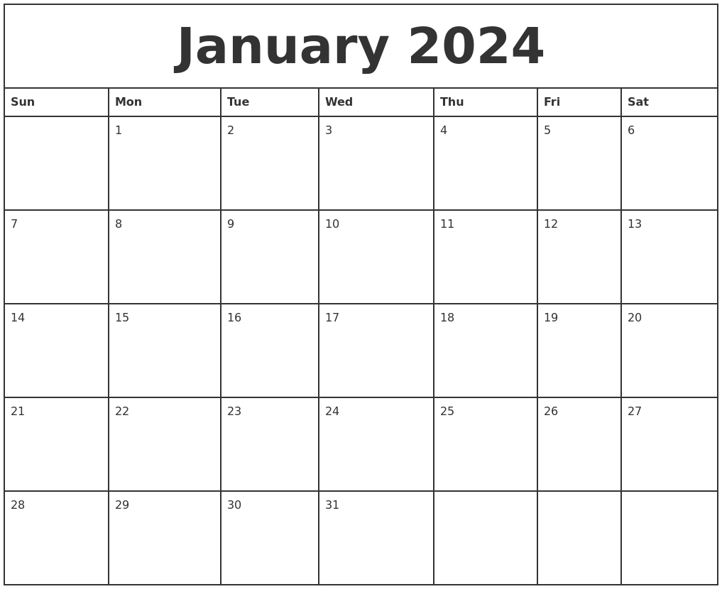 January 2024 Printable Monthly Calendar