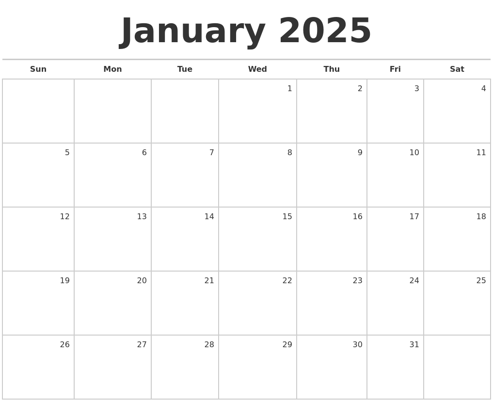 January 2025 Blank Monthly Calendar