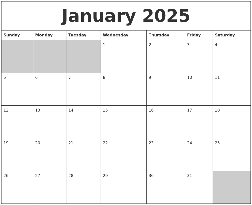 January 2025 Blank Printable Calendar