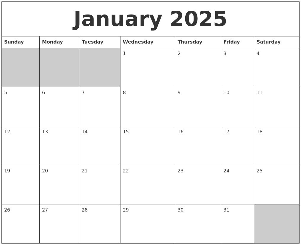 Printable January 2025 Calendar Word