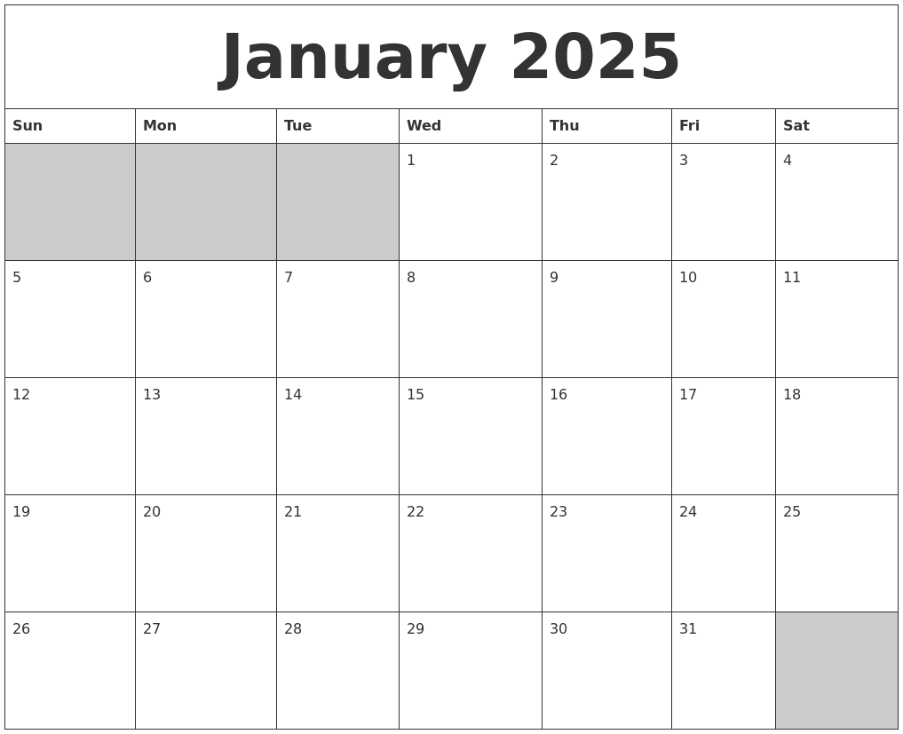 January 2025 Blank Printable Calendar