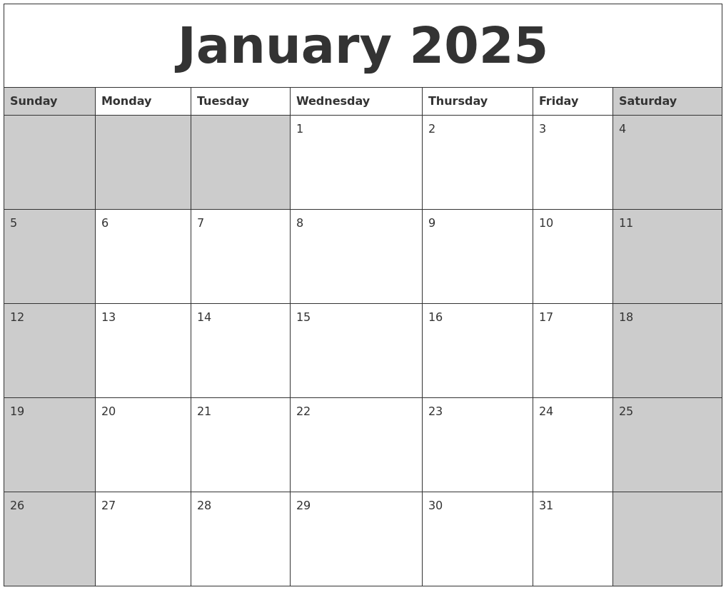 January 2025 Calanders