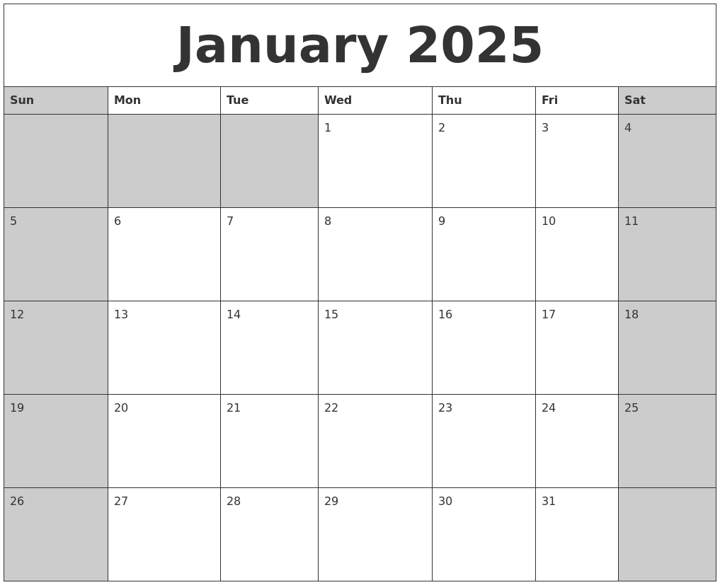 January 2025 Calanders