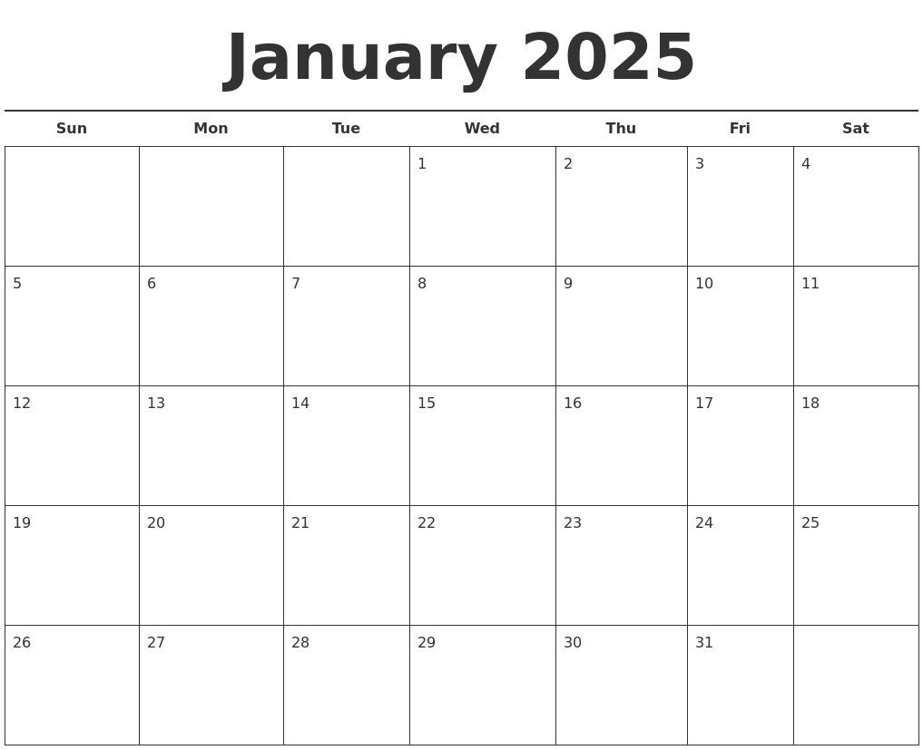 January 2025 Free Calendar Template