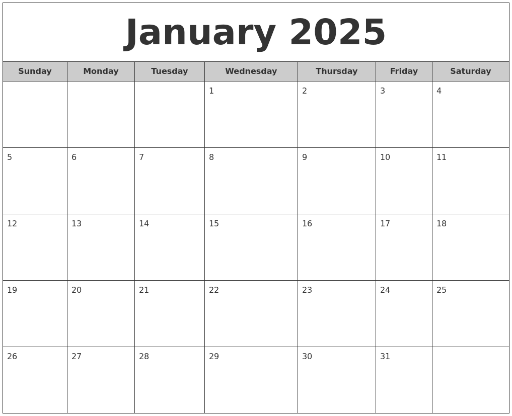 January 2025 Free Monthly Calendar