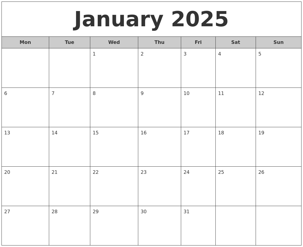 January 2025 Free Monthly Calendar