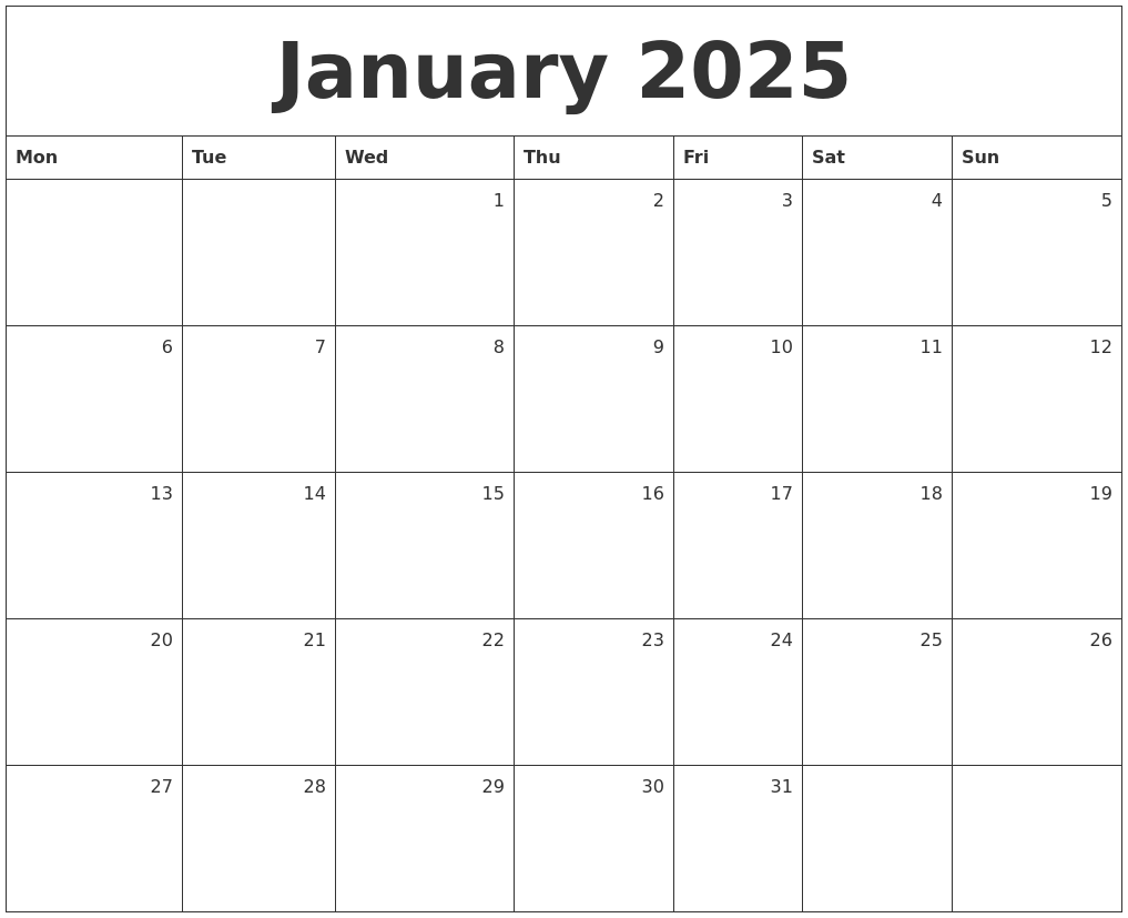 January 2025 Monthly Calendar