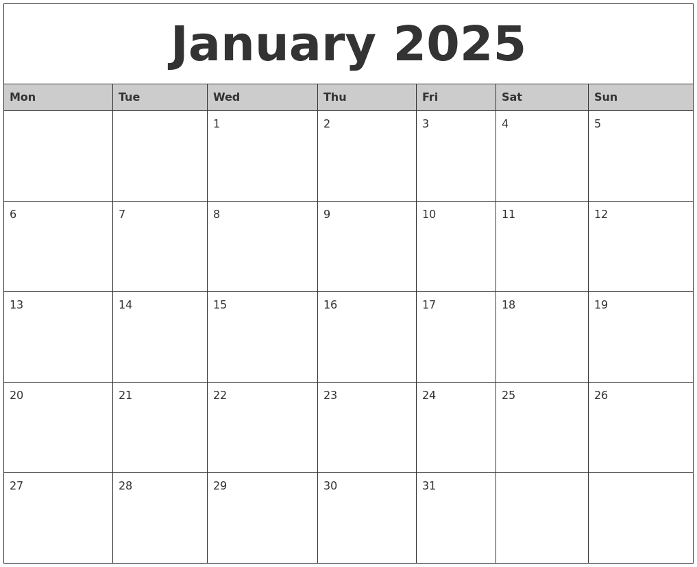 January 2025 Monthly Calendar Printable