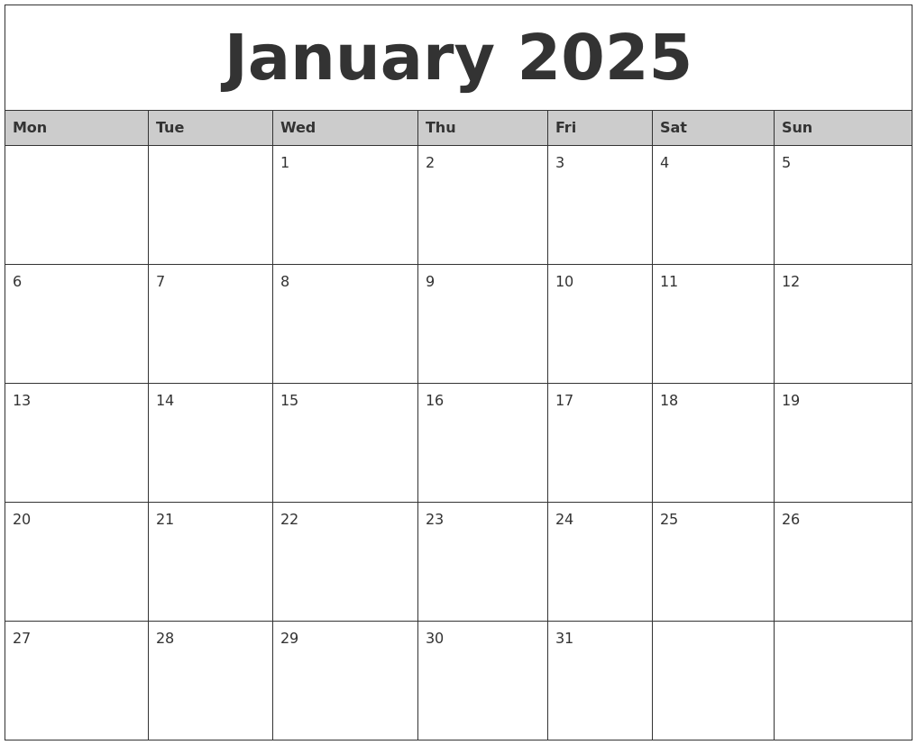 January 2025 Calendar Free Printable Pdf