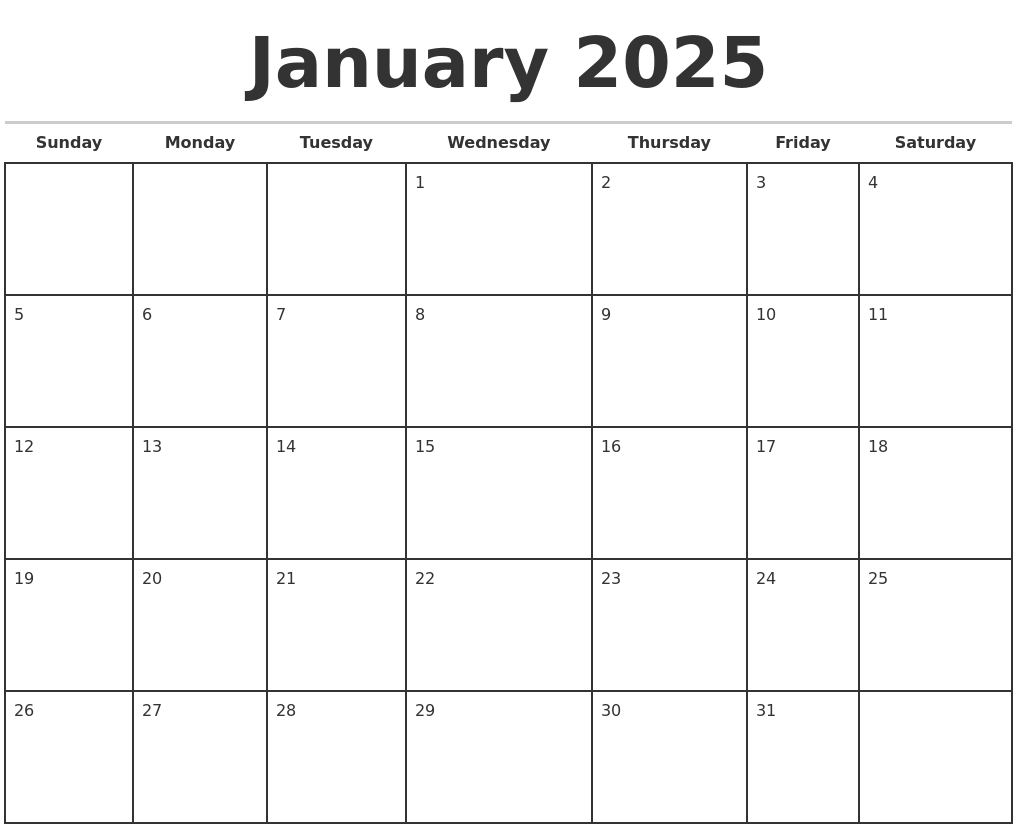 January 2025 Monthly Calendar Template