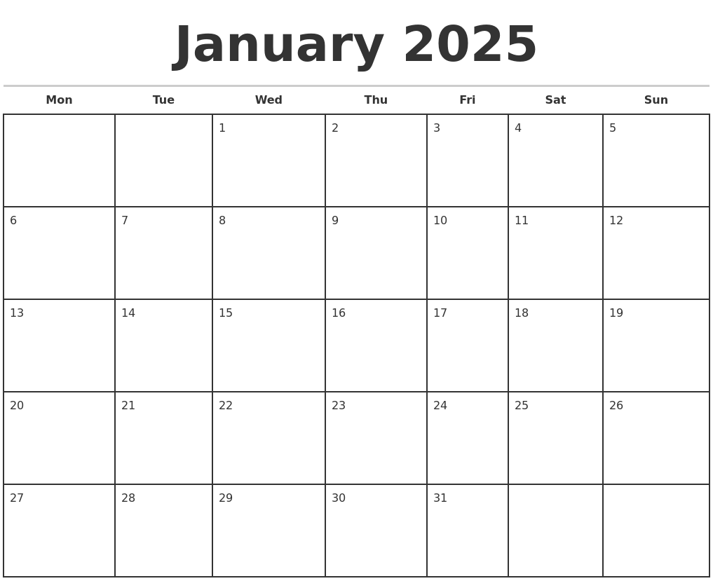 January 2025 Monthly Calendar Template