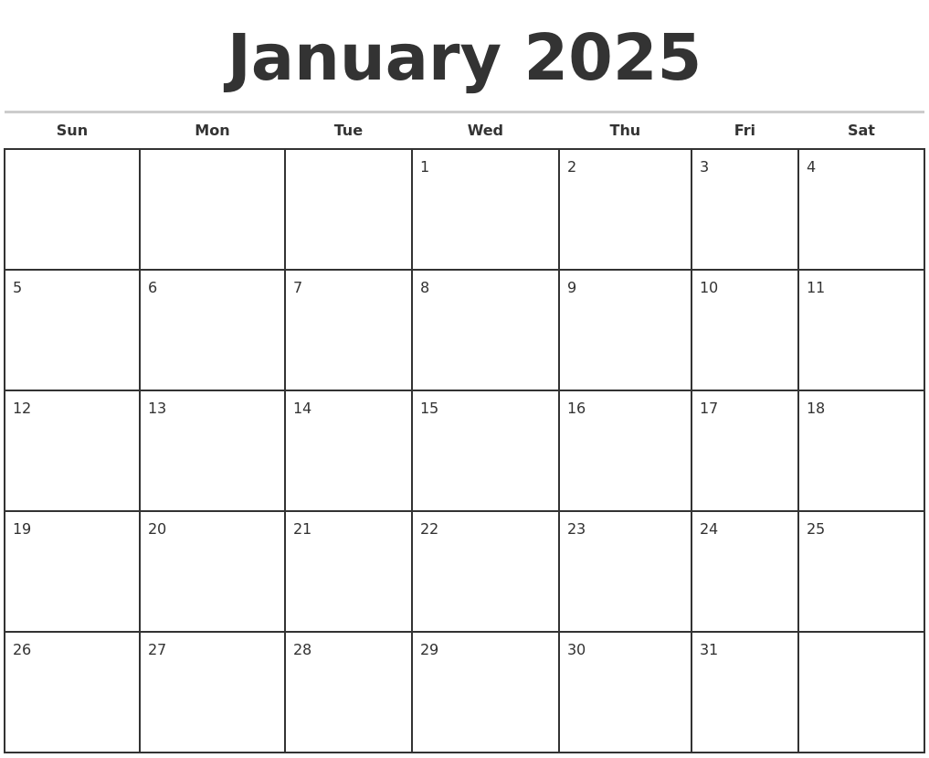 January 2025 Monthly Calendar Template