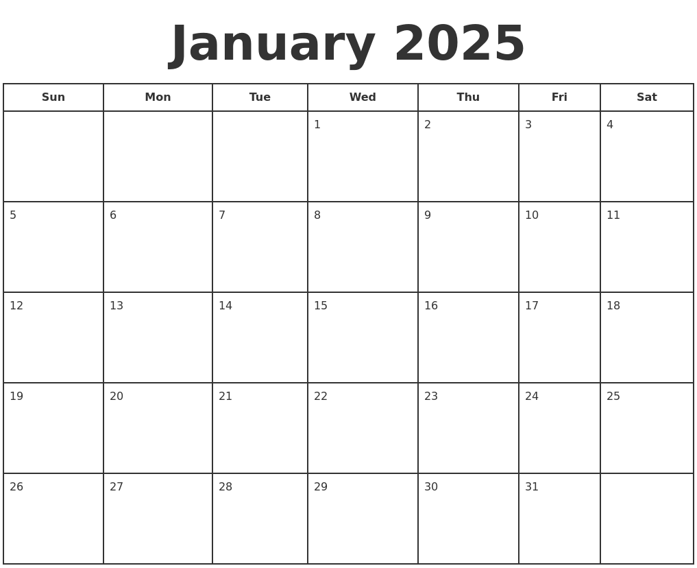 January 2025 Print A Calendar