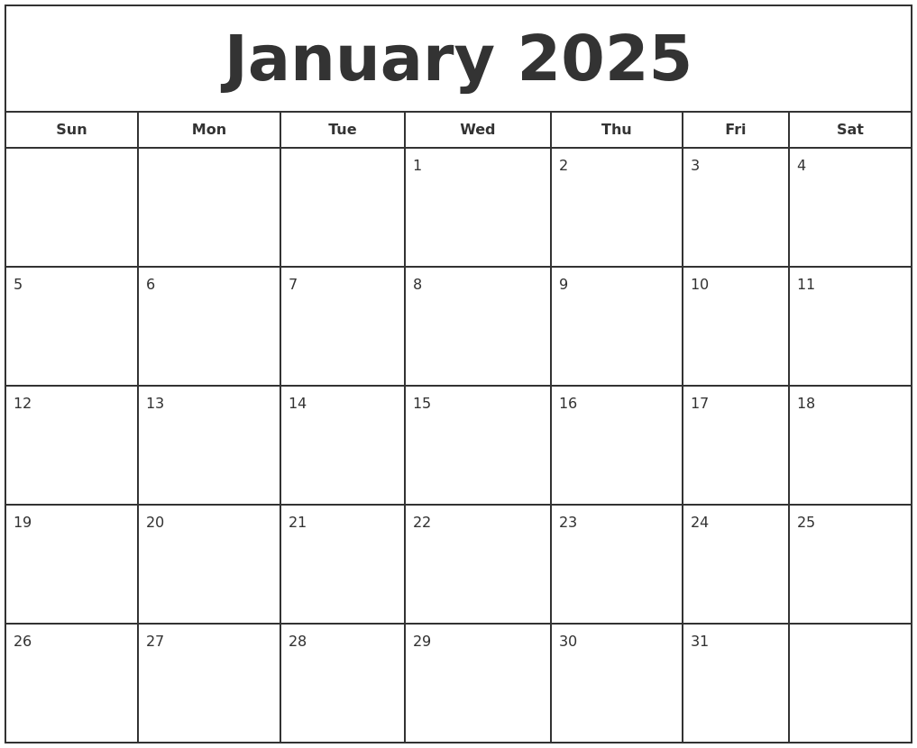 January 2025 Print Free Calendar