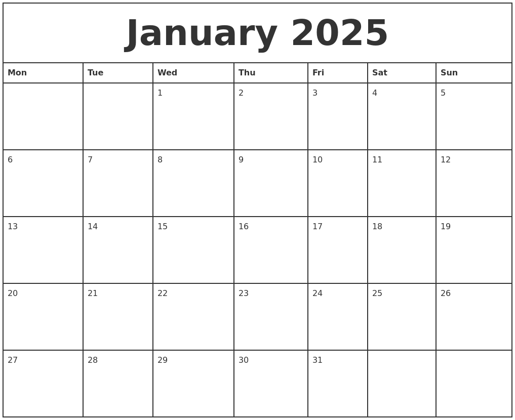 January 2025 Printable Monthly Calendar