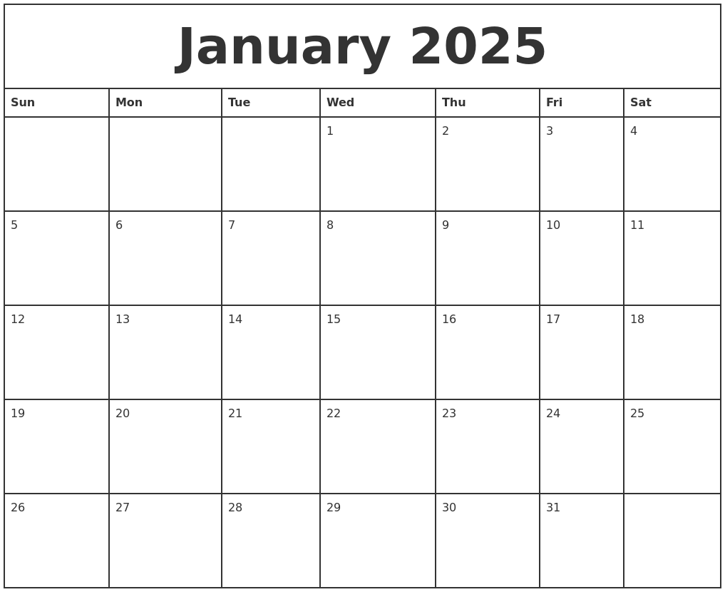 January Printable Calendar 2025 Free