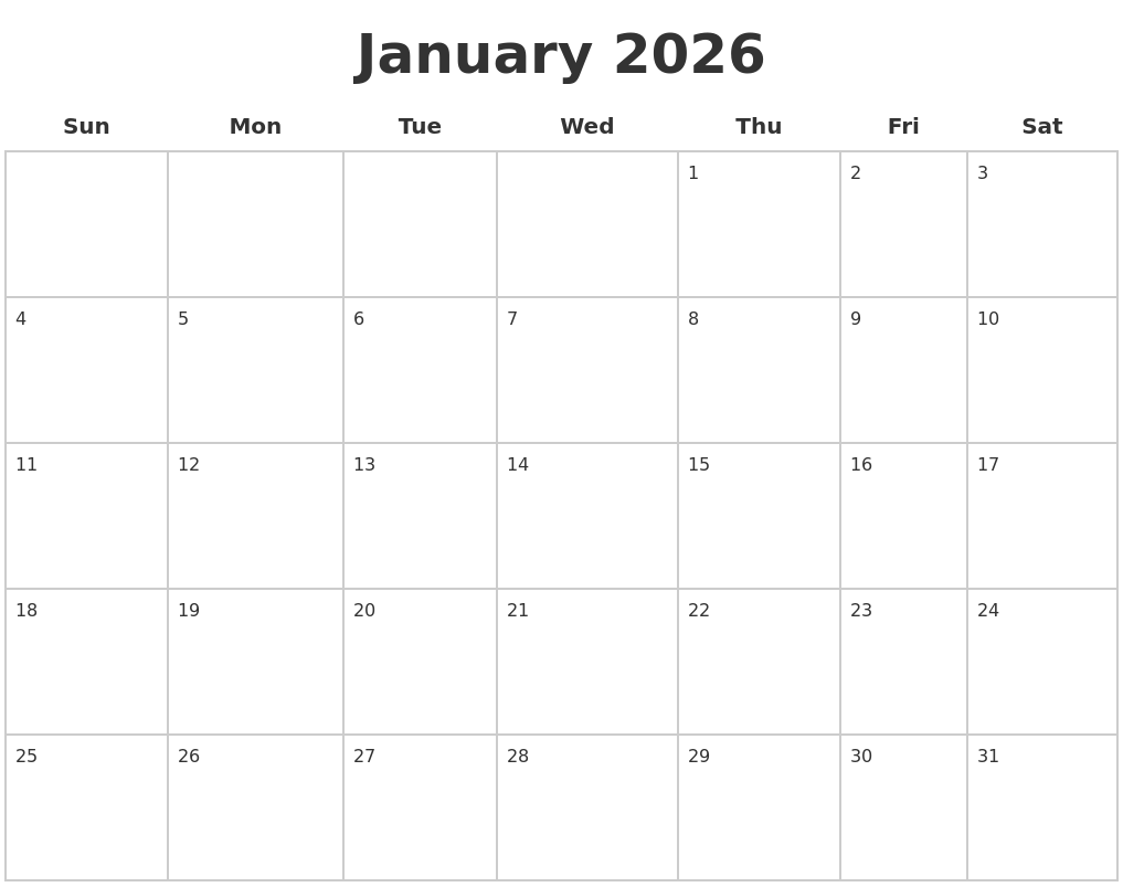 January 2026 Blank Calendar Pages