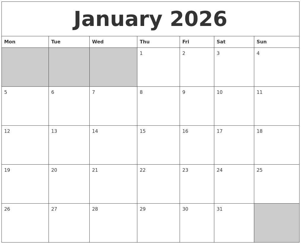 January 2026 Blank Printable Calendar