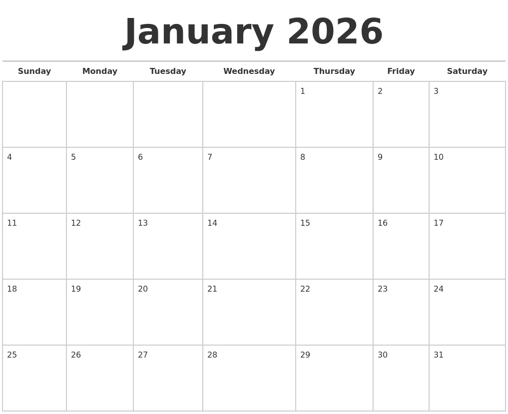 January 2026 Calendars Free