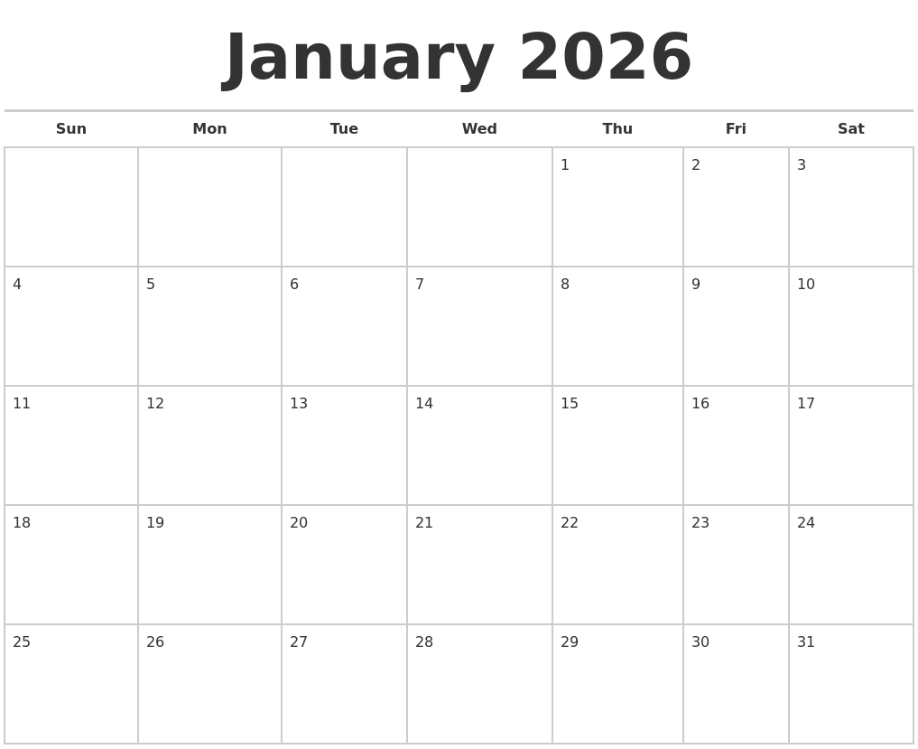 January 2026 Calendars Free