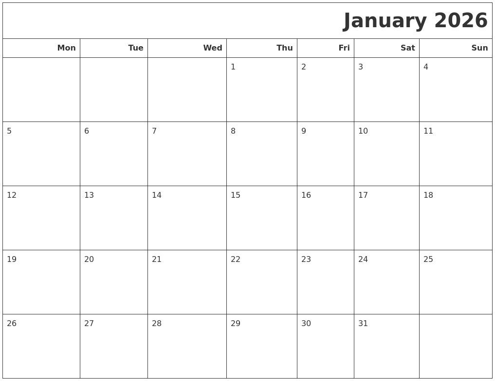 January 2026 Calendars To Print