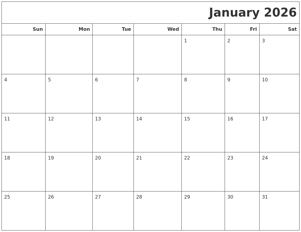 January 2026 Calendars To Print
