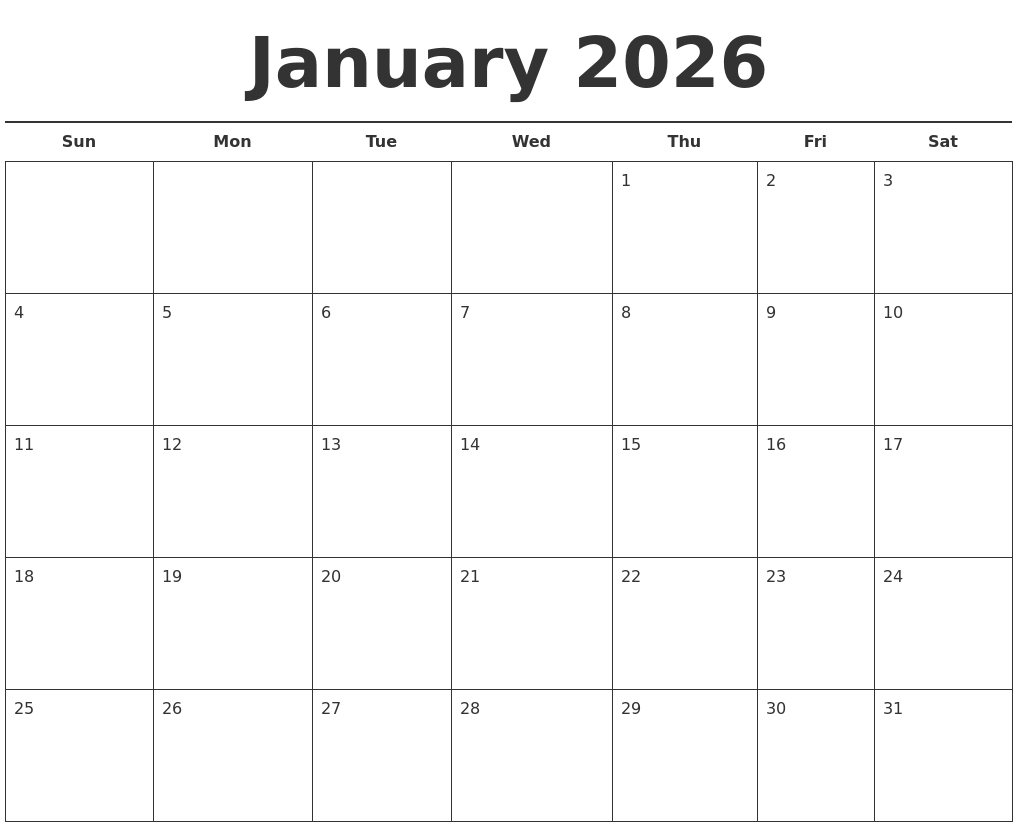 January 2026 Free Calendar Template