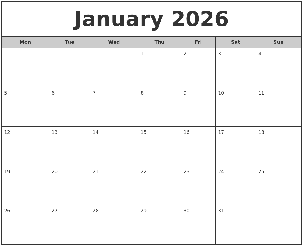January 2026 Free Monthly Calendar