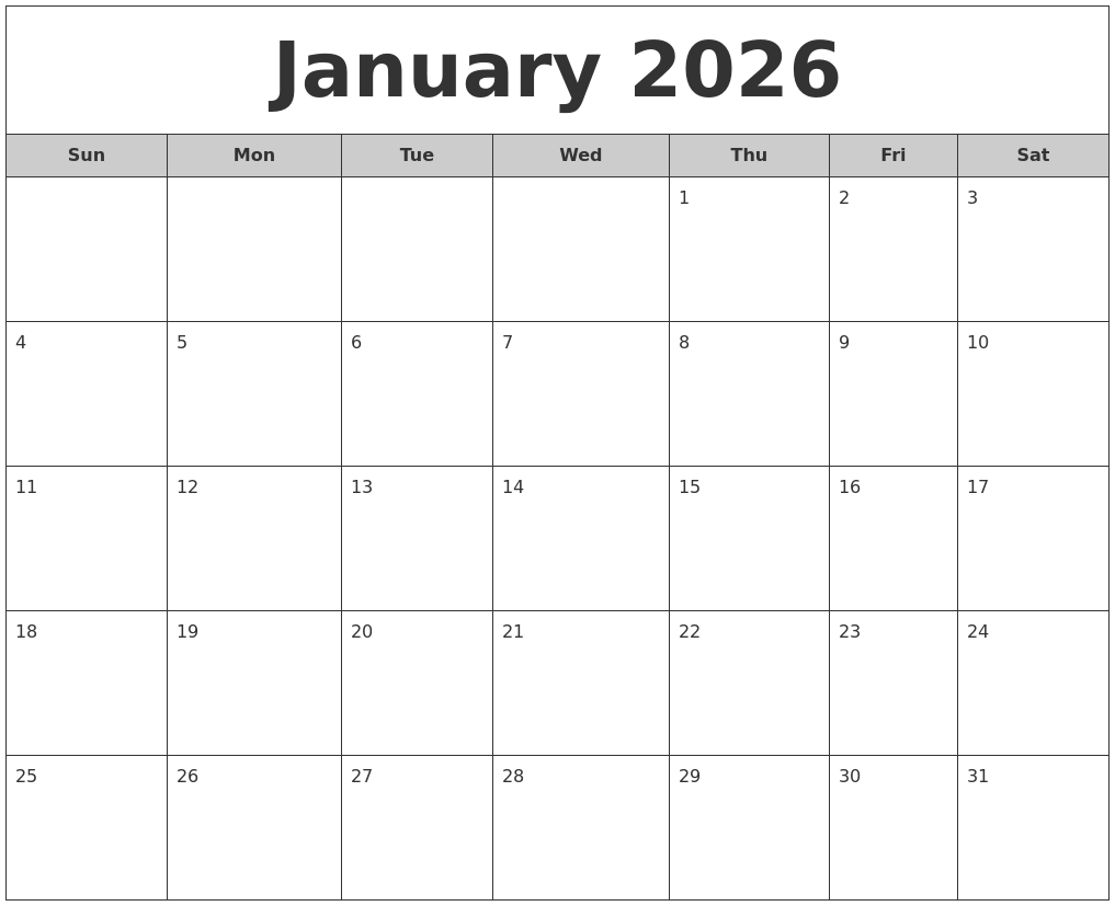 January 2026 Free Monthly Calendar