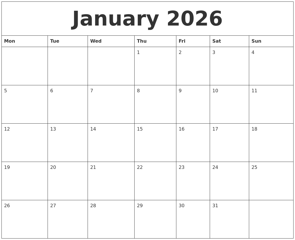 January 2026 Free Online Calendar