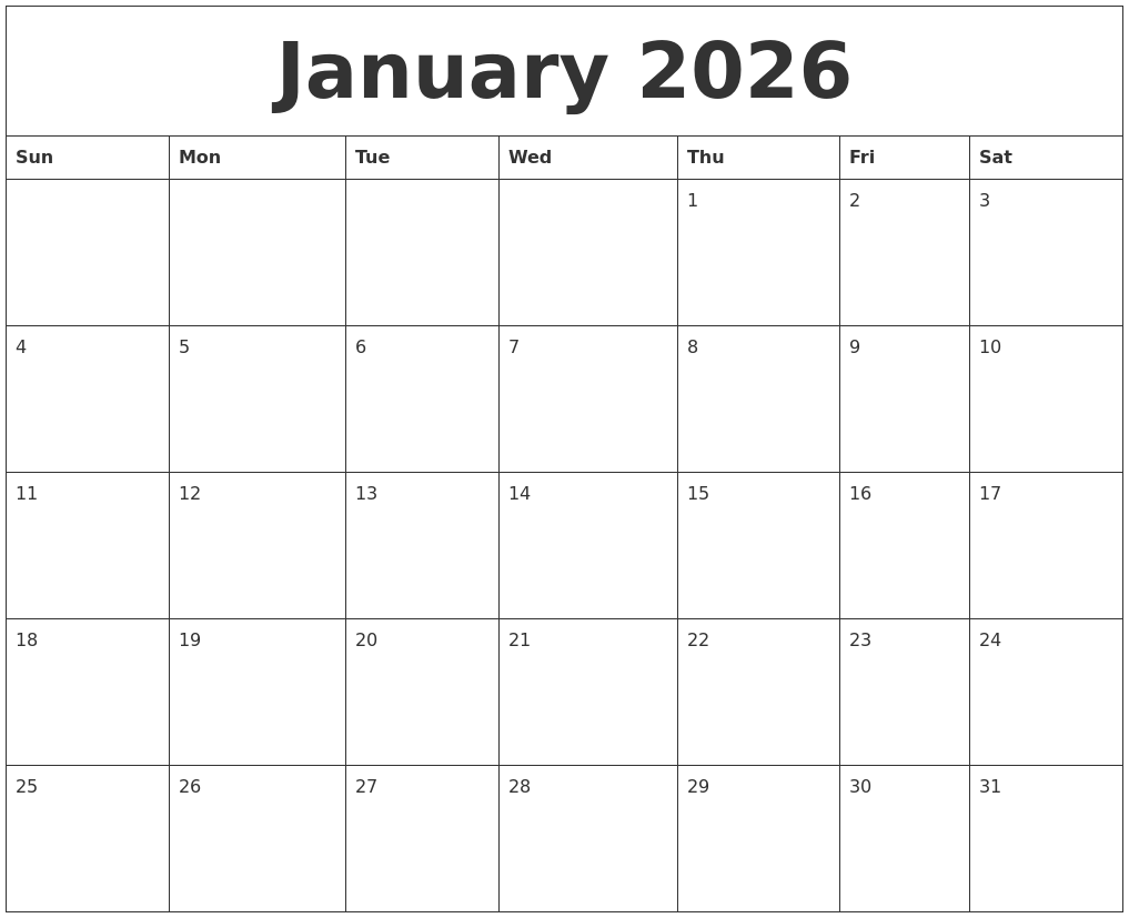 January 2026 Free Printable Monthly Calendar