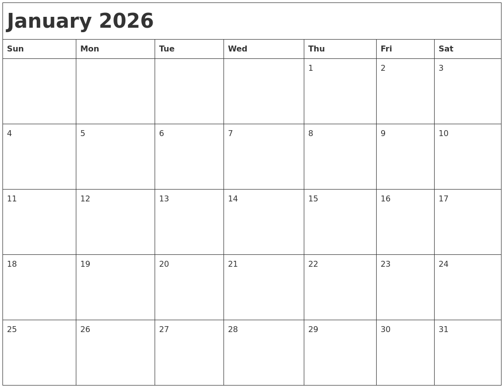 January 2026 Month Calendar