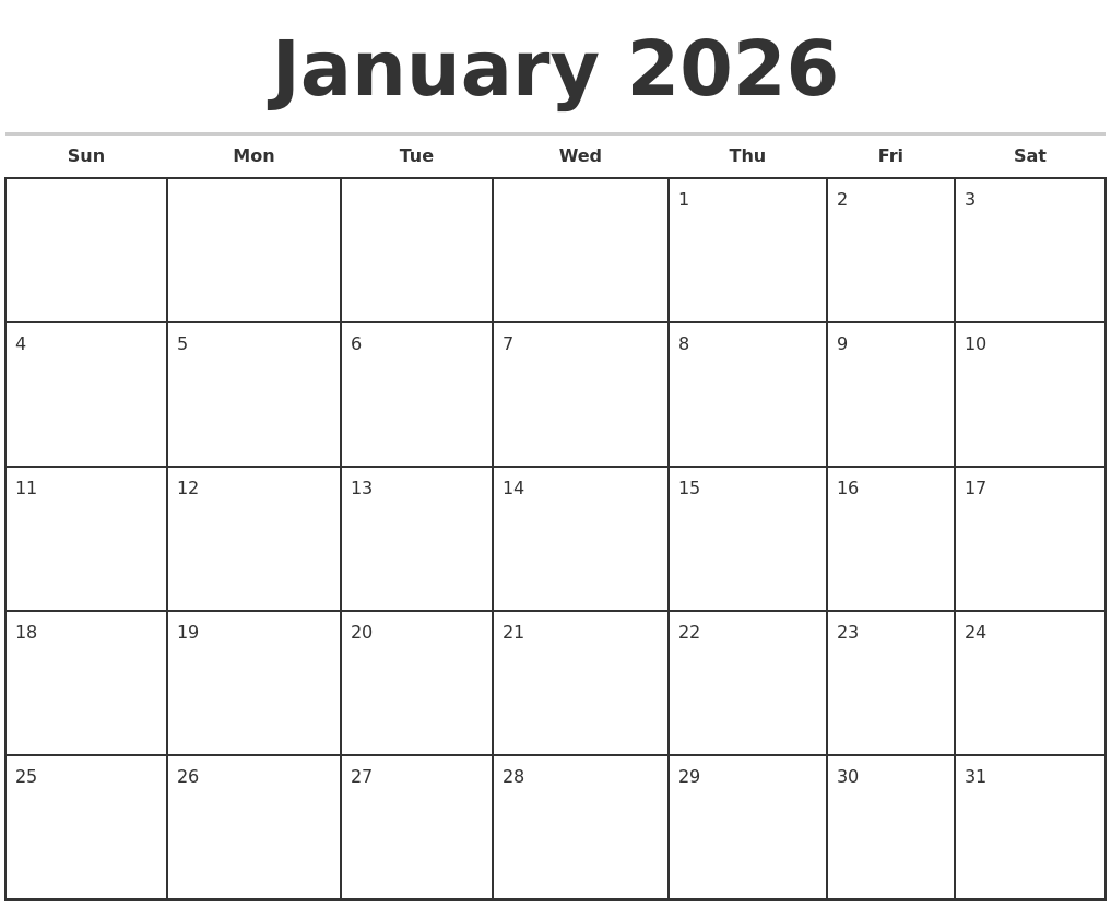 January 2026 Monthly Calendar Template