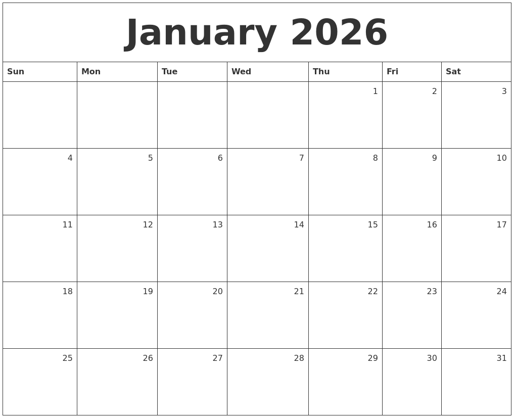 January 2026 Monthly Calendar