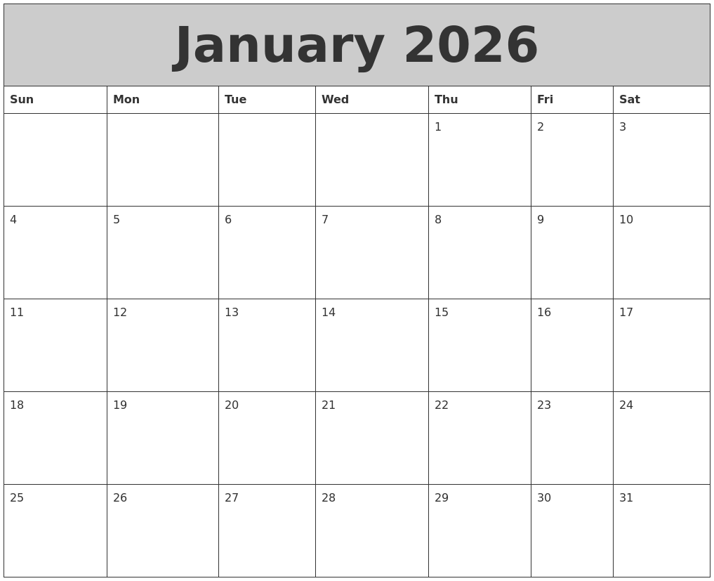 January 2026 My Calendar
