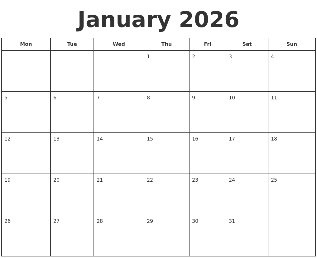 January 2026 Print A Calendar