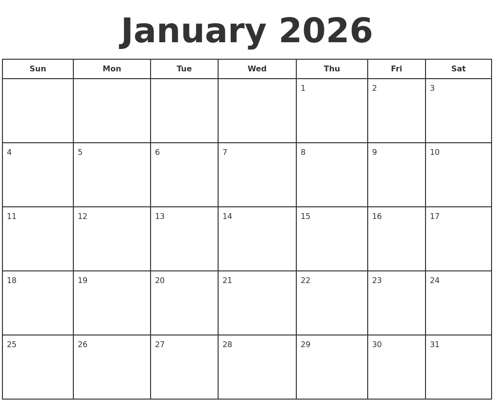 January 2026 Print A Calendar
