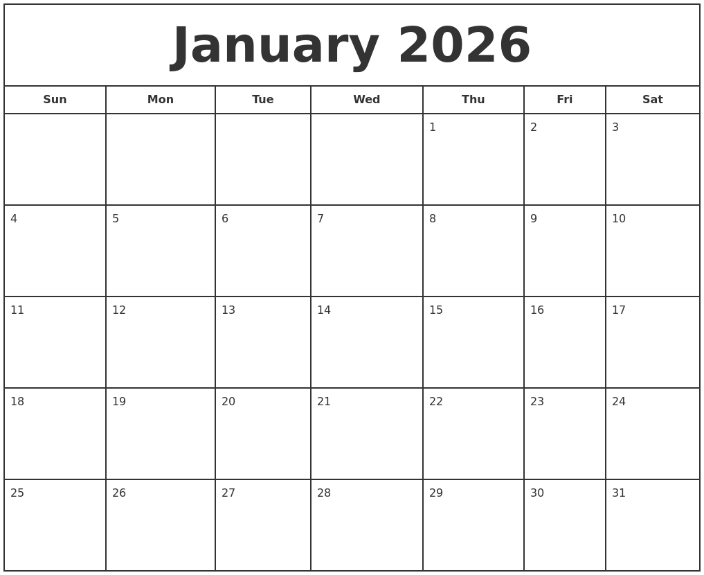 January 2026 Print Free Calendar