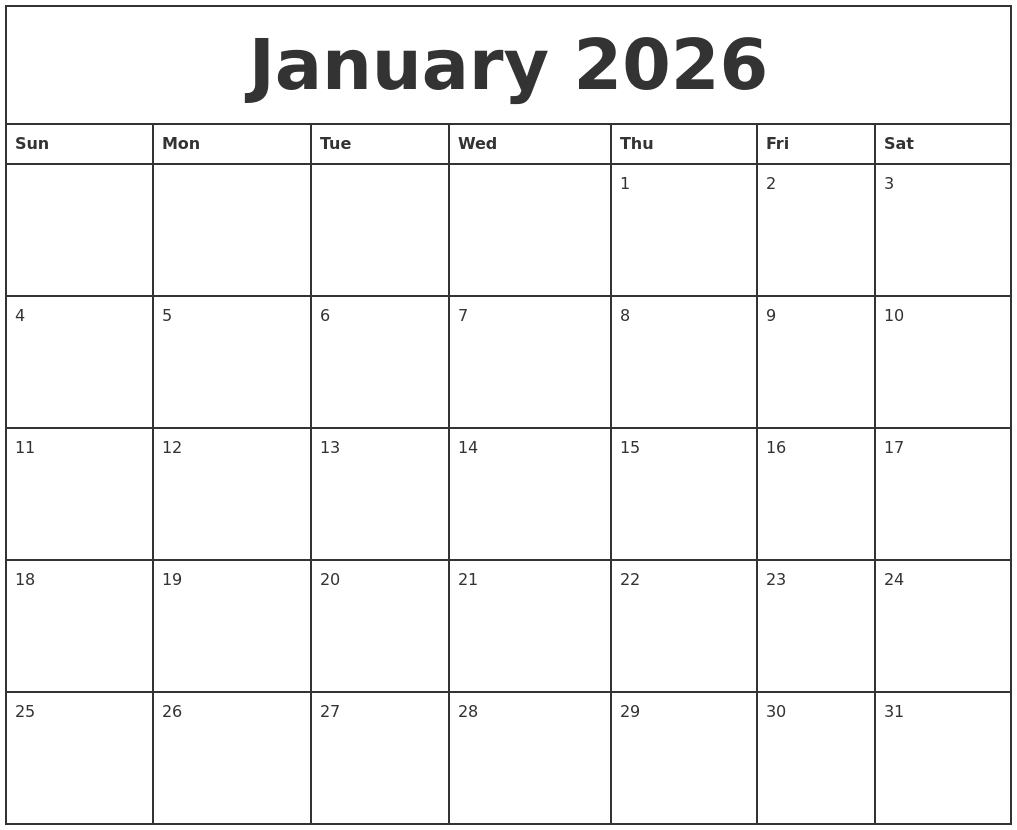 January 2026 Printable Monthly Calendar