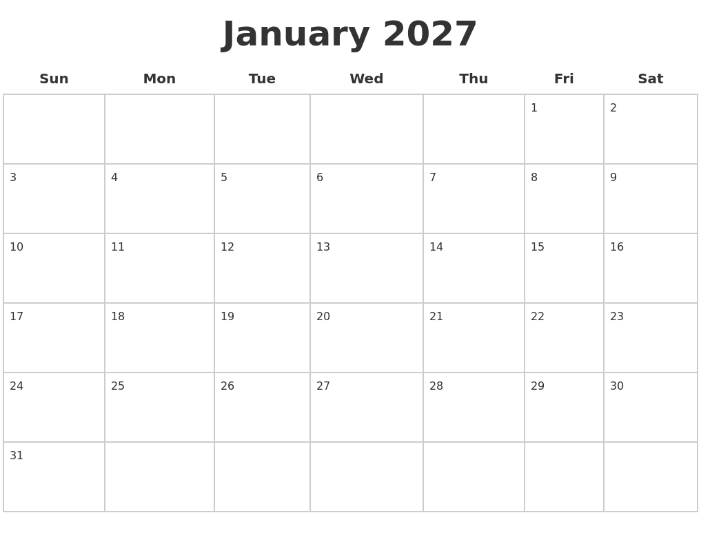 January 2027 Blank Calendar Pages