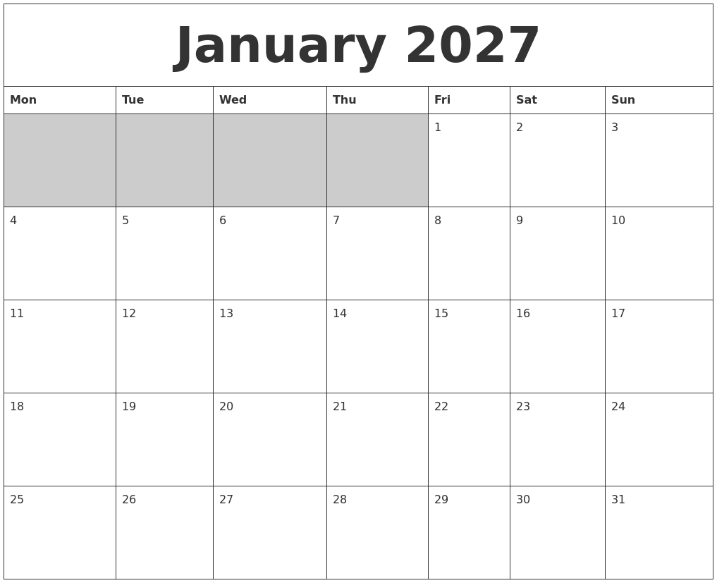 January 2027 Blank Printable Calendar