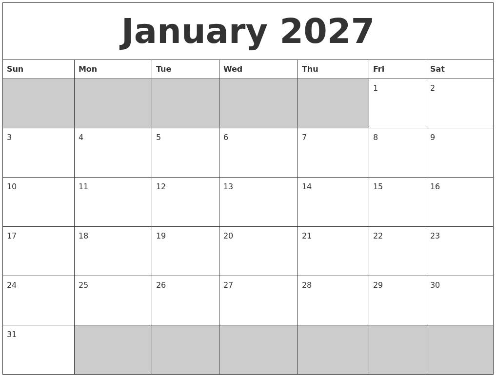 January 2027 Blank Printable Calendar