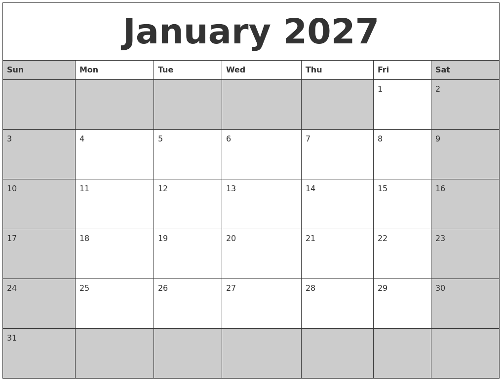 January 2027 Calanders
